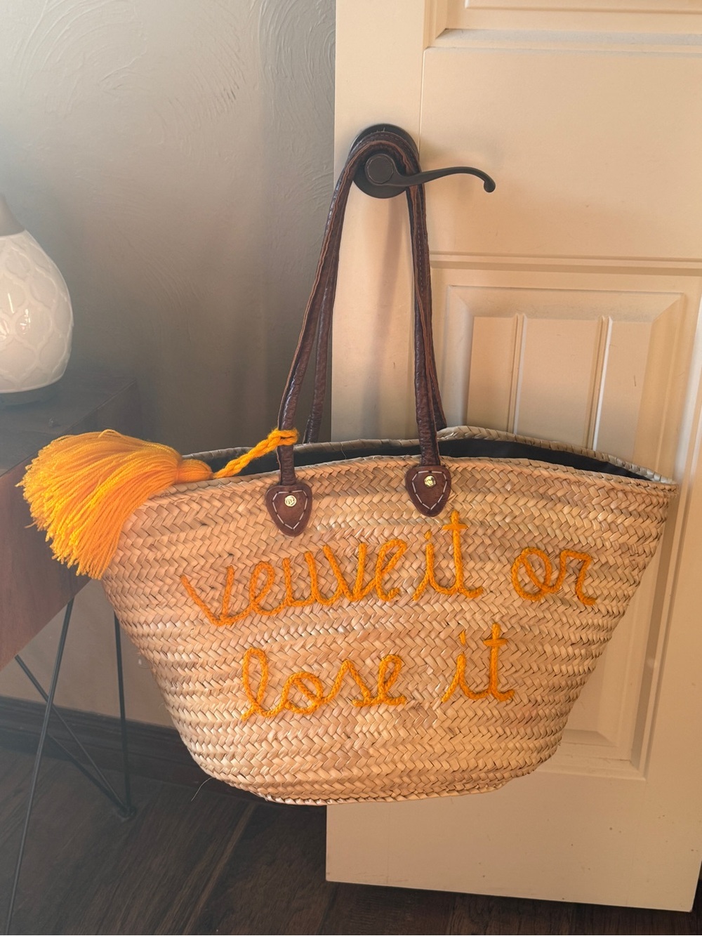 Soeur du Maroc Woven Straw Tote with Yellow Tassel and Embroidered “Veuve” …